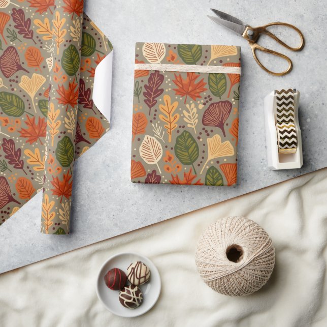 Whimsical Boho Multi Color Autumn Leaves Wrapping Paper (Crafts)