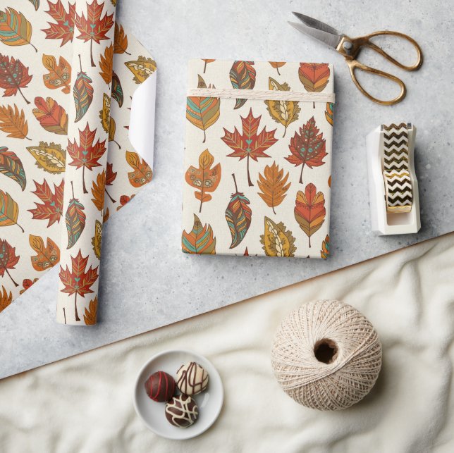 Whimsical Boho Multi Color Autumn Leaves Wrapping Paper (Crafts)