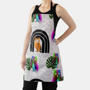 Whimsical Boho Owl & Tropical Monstera Leaf Apron