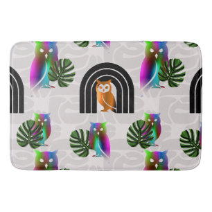 Whimsical Boho Owl & Tropical Monstera Leaf Bath Mat