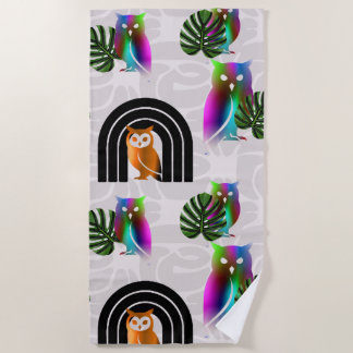 Whimsical Boho Owl & Tropical Monstera Leaf Beach Towel