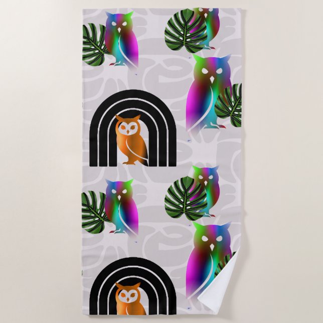 Whimsical Boho Owl & Tropical Monstera Leaf Beach Towel (Front)
