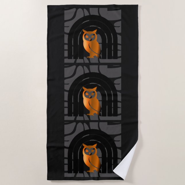 Whimsical Boho Owl & Tropical Monstera Leaf Beach Towel (Front)