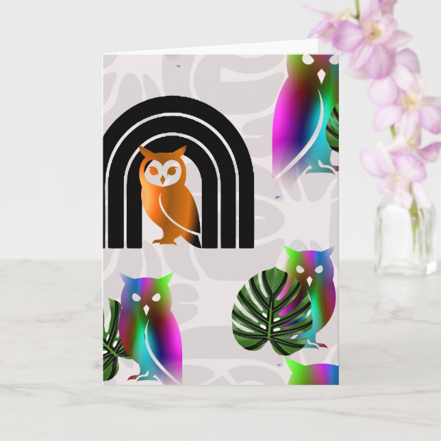 Whimsical Boho Owl & Tropical Monstera Leaf Card (Orchid)