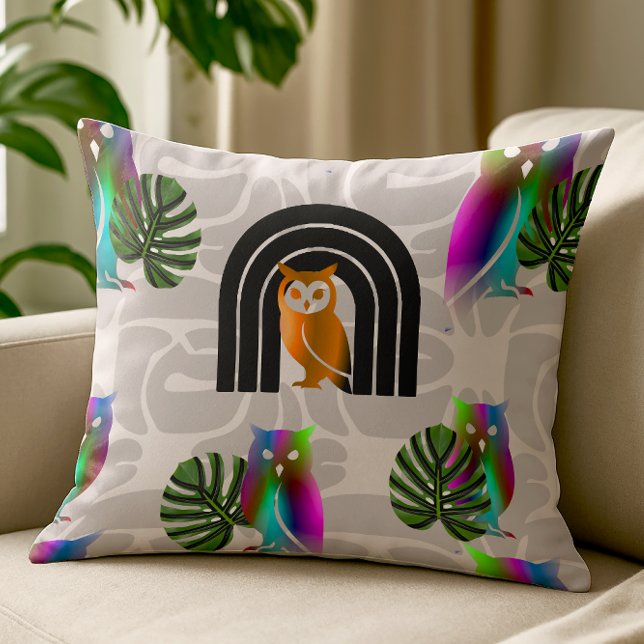 Whimsical Boho Owl & Tropical Monstera Leaf Cushion (Whimsical Boho Owl & Tropical Monstera Leaf | Throw Pillow)
