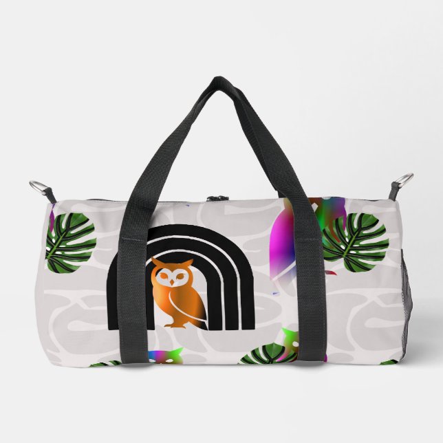 Whimsical Boho Owl & Tropical Monstera Leaf Duffle Bag (Front)