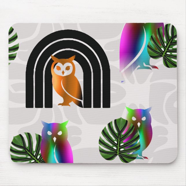 Whimsical Boho Owl & Tropical Monstera Leaf Mouse Mat (Front)