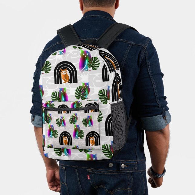 Whimsical Boho Owl & Tropical Monstera Leaf Printed Backpack (Insitu (Model))
