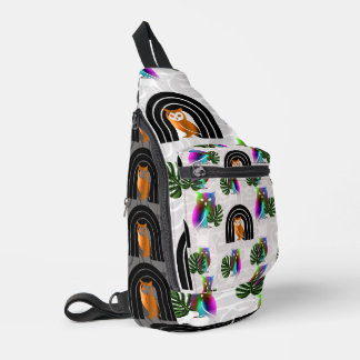 Whimsical Boho Owl & Tropical Monstera Leaf Sling Bag