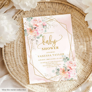 Whimsical boho pale pink gold peonies baby shower invitation
