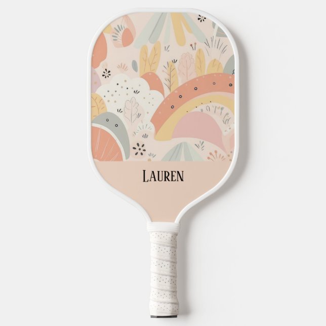 Whimsical Boho Pastel Personalised Abstract Floral Pickleball Paddle (Front)