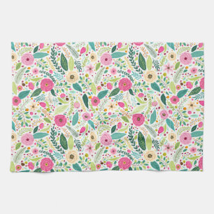 Whimsical boho Pink rose garden  Tea Towel