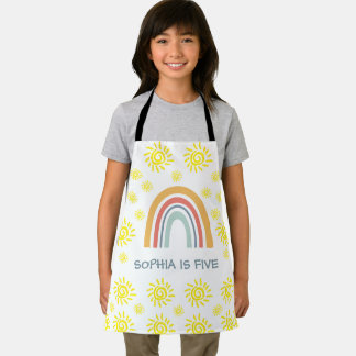 Whimsical Boho Rainbow and Sun 5th Birthday Kid Apron