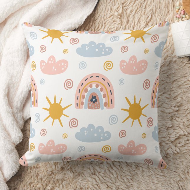 Whimsical Boho Rainbow & Floral Seamless Pattern Cushion (Blanket)