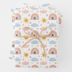 Whimsical Boho Rainbow & Floral Seamless Pattern Wrapping Paper Sheet