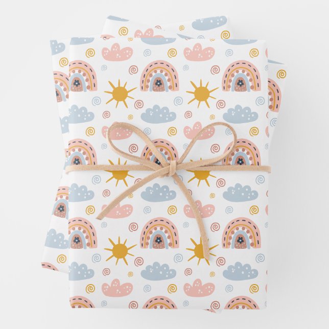 Whimsical Boho Rainbow & Floral Seamless Pattern Wrapping Paper Sheet (In situ)