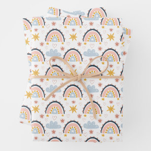 Whimsical Boho Rainbow & Floral Seamless Pattern Wrapping Paper Sheet