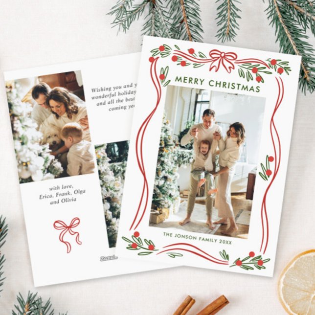 Whimsical Boho Red Christmas Bow Ribbon 3 Photo Holiday Card (Creator Uploaded)