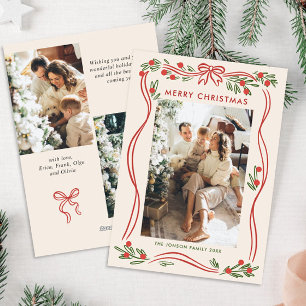 Whimsical Boho Red Christmas Bow Ribbon 3 Photo Holiday Card