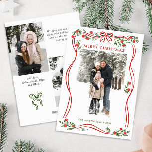 Whimsical Boho Red Christmas Bow Ribbon 3 Photo Holiday Card
