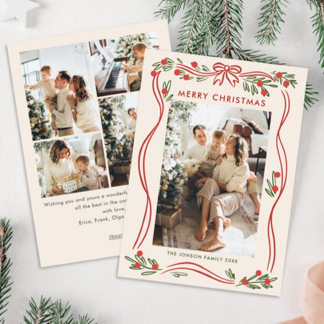 Whimsical Boho Red Christmas Bow Ribbon 5 Photo Holiday Card (Creator Uploaded)