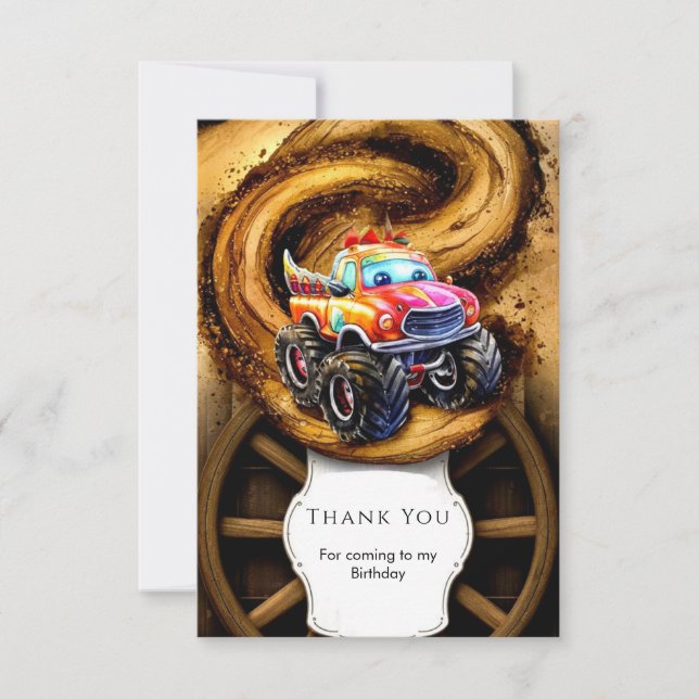 Whimsical Boho Track Monster Truck Birthday Thank You Card (Front)