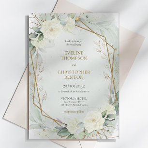 Whimsical boho white roses and eucalyptus wedding invitation