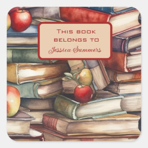 Whimsical Book and Apple Lovers Book Name Plate Square Sticker