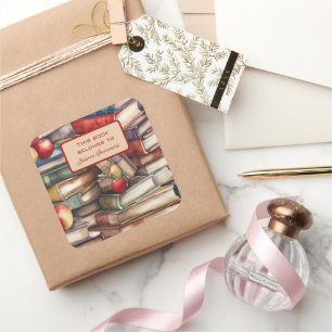 Whimsical Book and Apple Lovers Book Name Plate Square Sticker