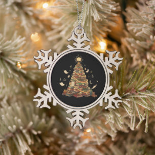 Whimsical Book Lover's Christmas Tree Literary Snowflake Pewter Christmas Ornament