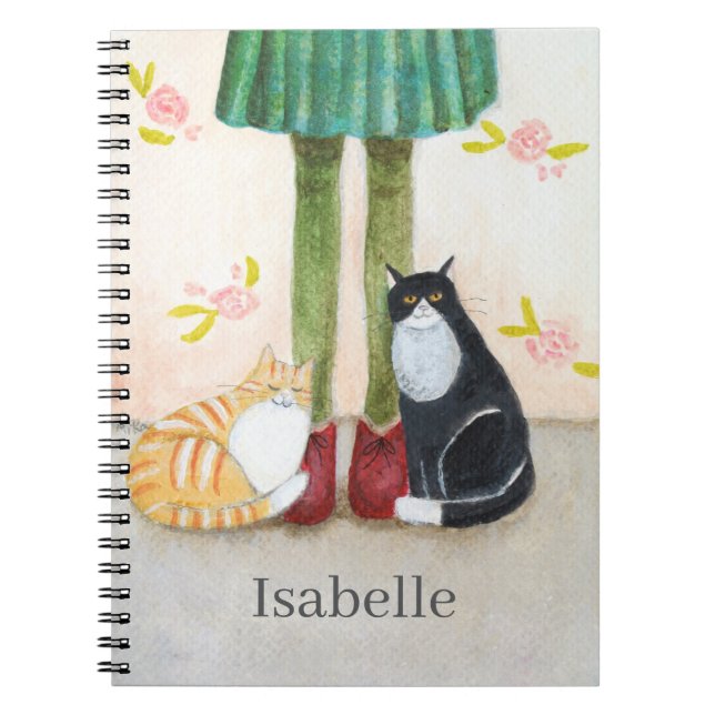 Whimsical Bookcover Style Cat Lover Custom Name Notebook (Front)