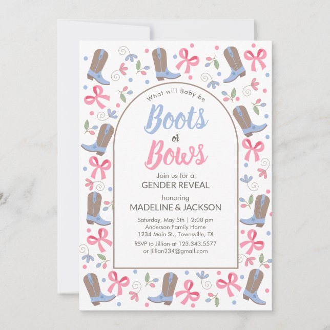Whimsical Boots Bows Gender Reveal Invitation (Front)