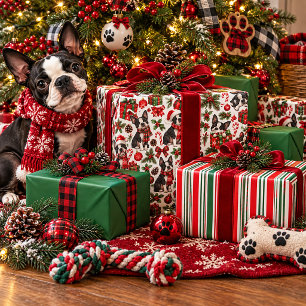 Whimsical Boston Terrier Christmas Gift Wrap Set