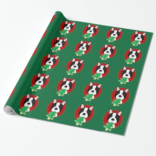 Whimsical Boston Terrier Christmas Wrapping Paper (Unrolled)