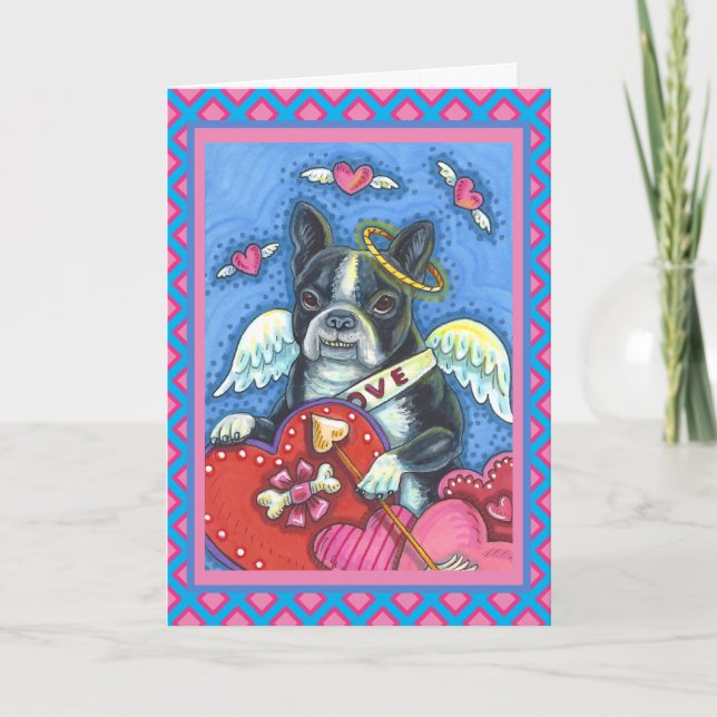 WHIMSICAL BOSTON TERRIER CUPID, CUTE DOG VALENTINE HOLIDAY CARD (Front)