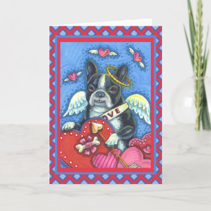 WHIMSICAL BOSTON TERRIER CUPID, CUTE DOG VALENTINE HOLIDAY CARD