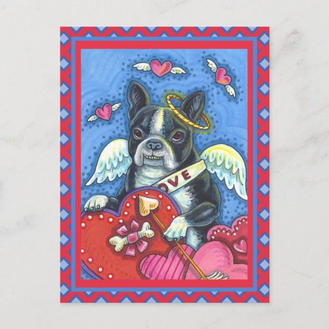 WHIMSICAL BOSTON TERRIER CUPID, CUTE DOG VALENTINE HOLIDAY POSTCARD (Front)