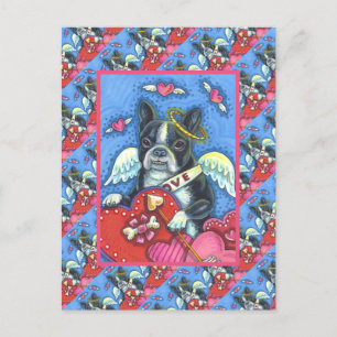 WHIMSICAL BOSTON TERRIER CUPID, CUTE DOG VALENTINE HOLIDAY POSTCARD