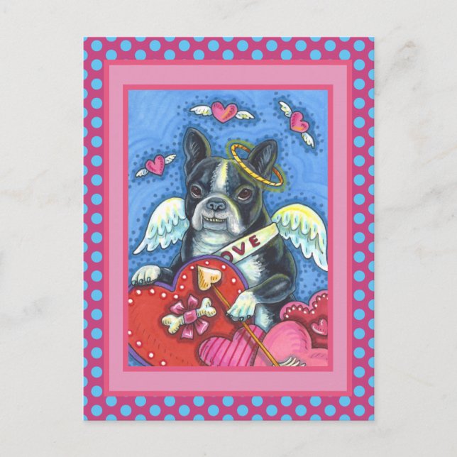 WHIMSICAL BOSTON TERRIER CUPID, CUTE DOG VALENTINE HOLIDAY POSTCARD (Front)