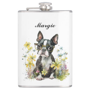 Whimsical Boston Terrier Puppy Wearing Glasses Hip Flask