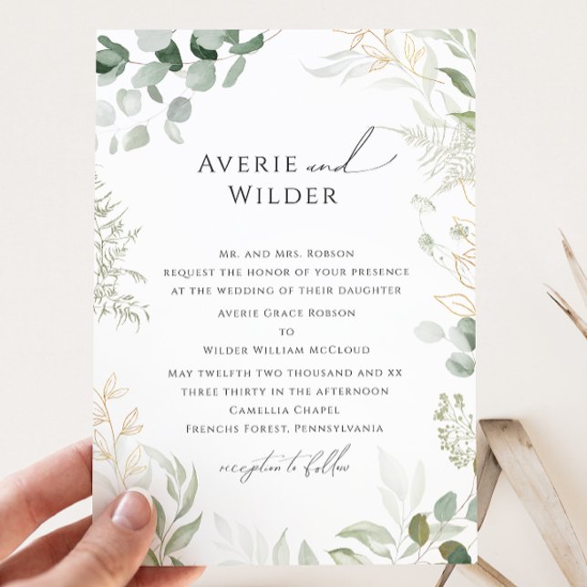 Whimsical Botanical and Gold Traditional Wedding Invitation (Creator Uploaded)