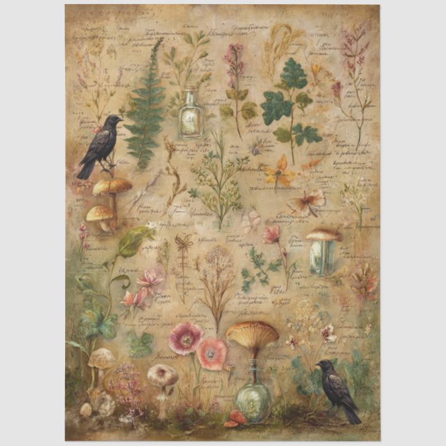 Whimsical Botanical Art Collage Decoupage Tissue Paper (Front)
