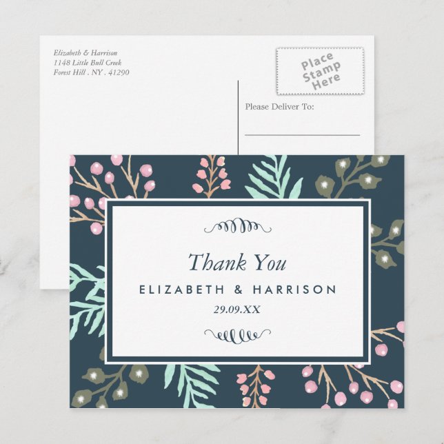 Whimsical Botanical Berry Wedding Thank You Postcard (Front/Back)
