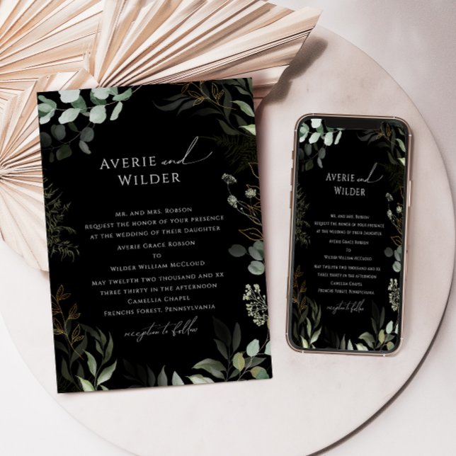 Whimsical Botanical Black Gold Traditional Wedding Invitation (Creator Uploaded)