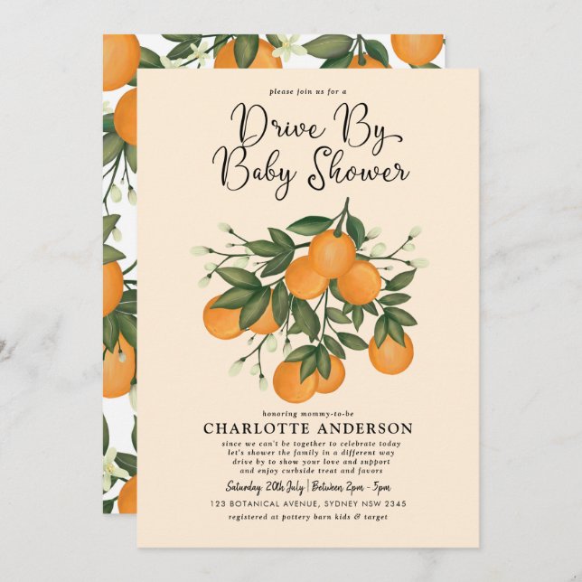 Whimsical Botanical Citrus Drive By Baby Shower Invitation (Front/Back)