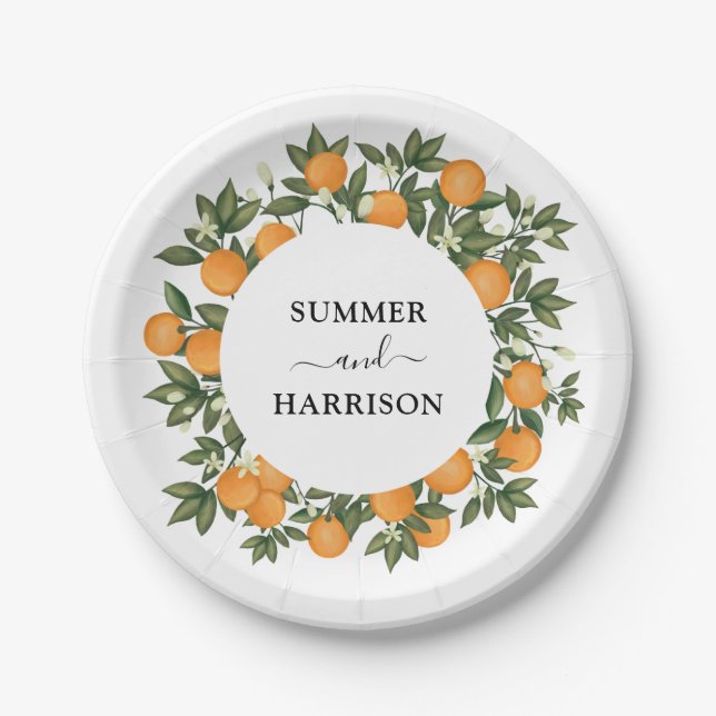 Whimsical Botanical Citrus Orange Garden Wedding Paper Plate (Front)