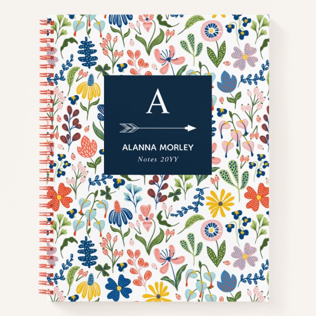 Whimsical Botanical Pattern Monogrammed Notebook (Front)