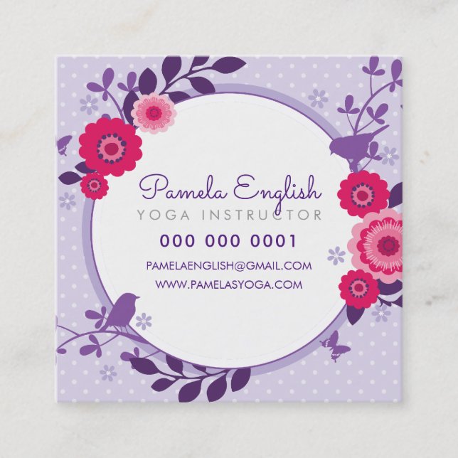 WHIMSICAL BOTANICAL pretty floral wreath purple Square Business Card (Front)
