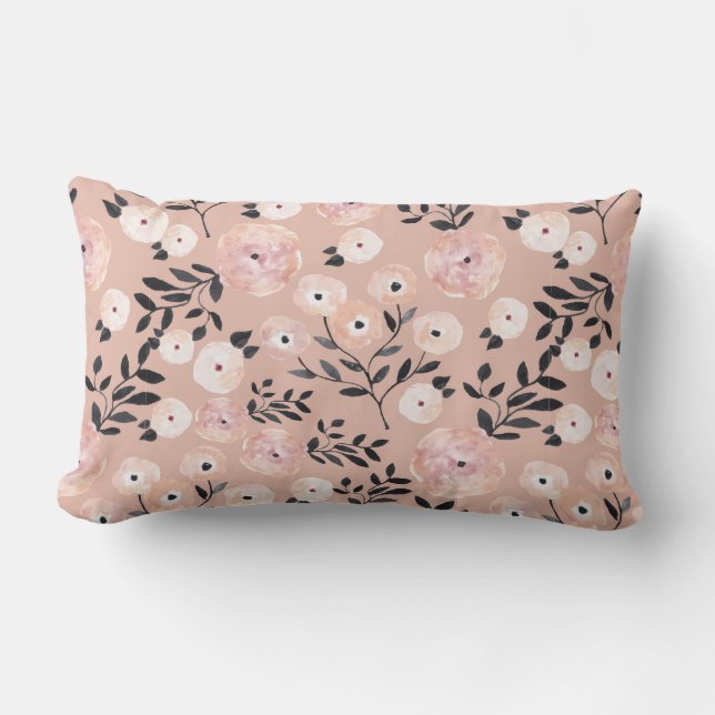 Whimsical Botanical Print Blush Pink Outdoor Lumbar Cushion (Front)