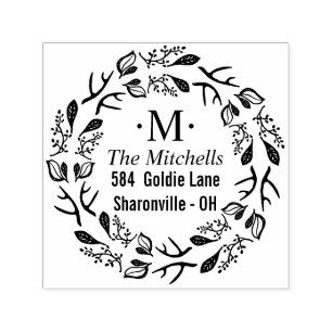 Whimsical Botanical Wreath Monogram address Self-inking Stamp